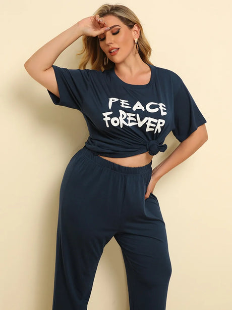 Plus Size PEACE FOREVER Short Sleeve Top and Pants Set - V.I.P Digital Presence