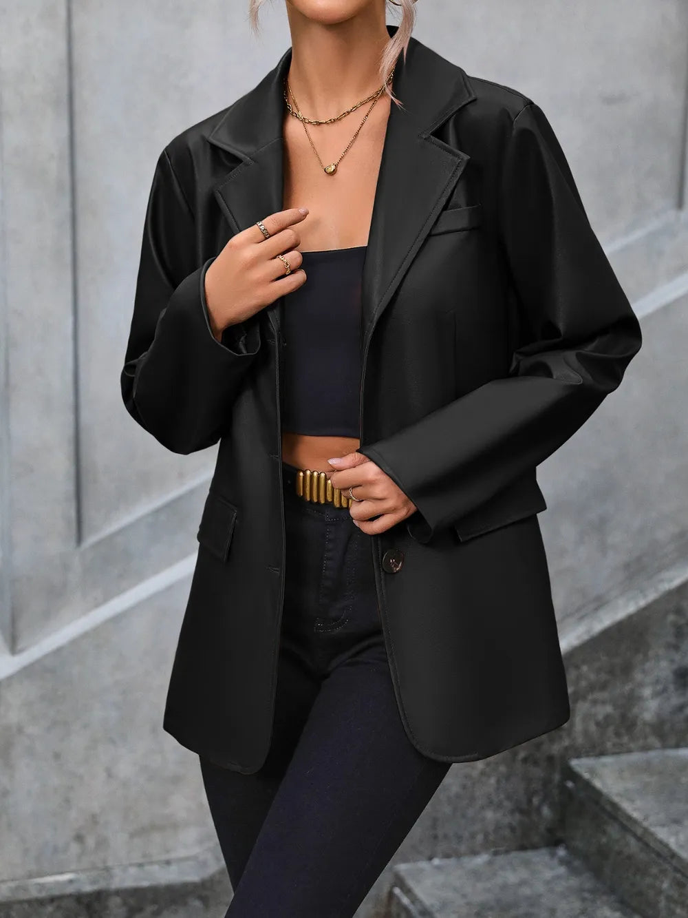 Pocketed Button Up Collared Neck Blazer - V.I.P Digital Presence