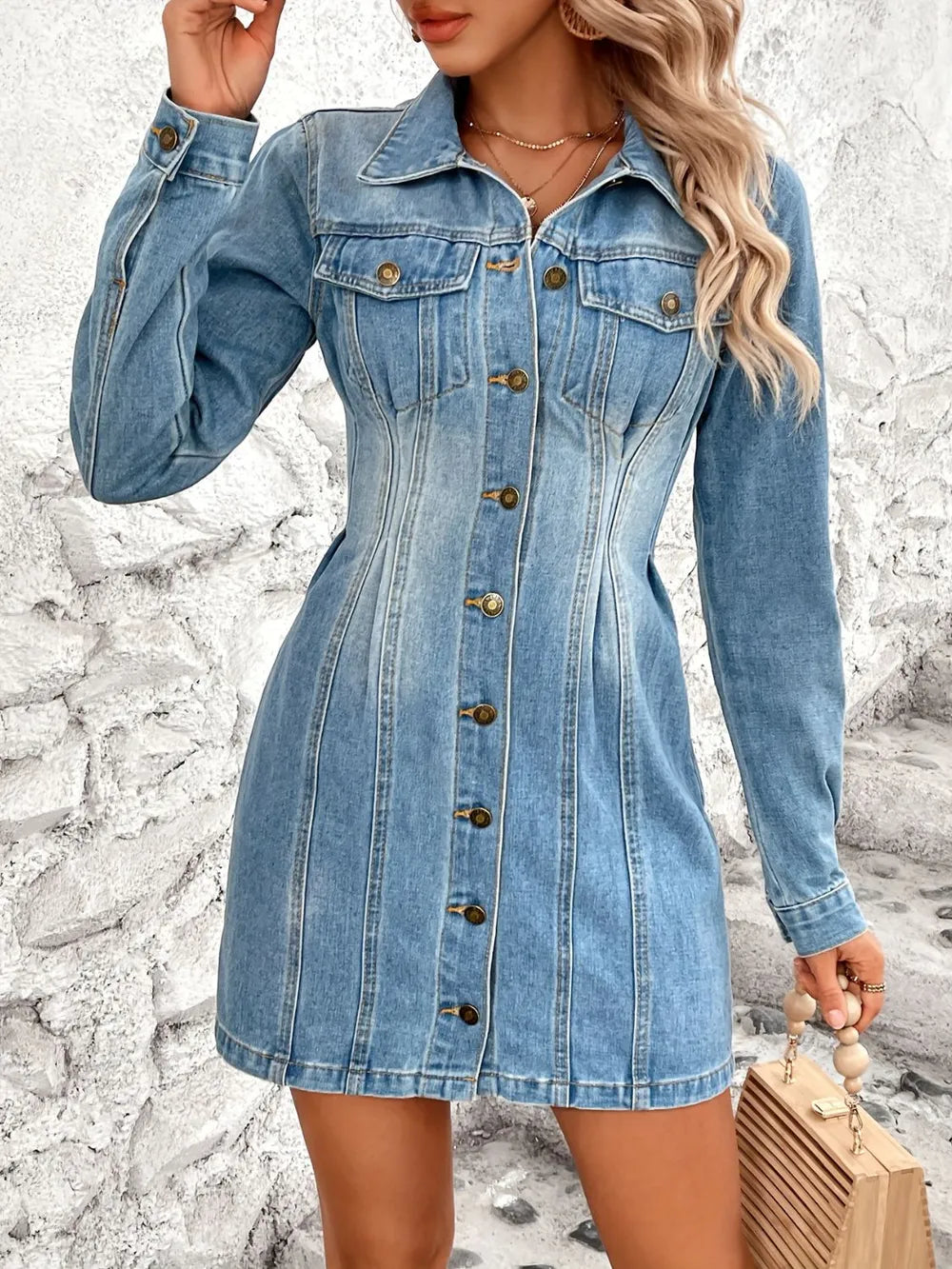 Pocketed Button Up Long Sleeve Denim Dress - V.I.P Digital Presence