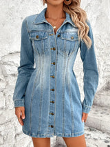 Pocketed Button Up Long Sleeve Denim Dress - V.I.P Digital Presence