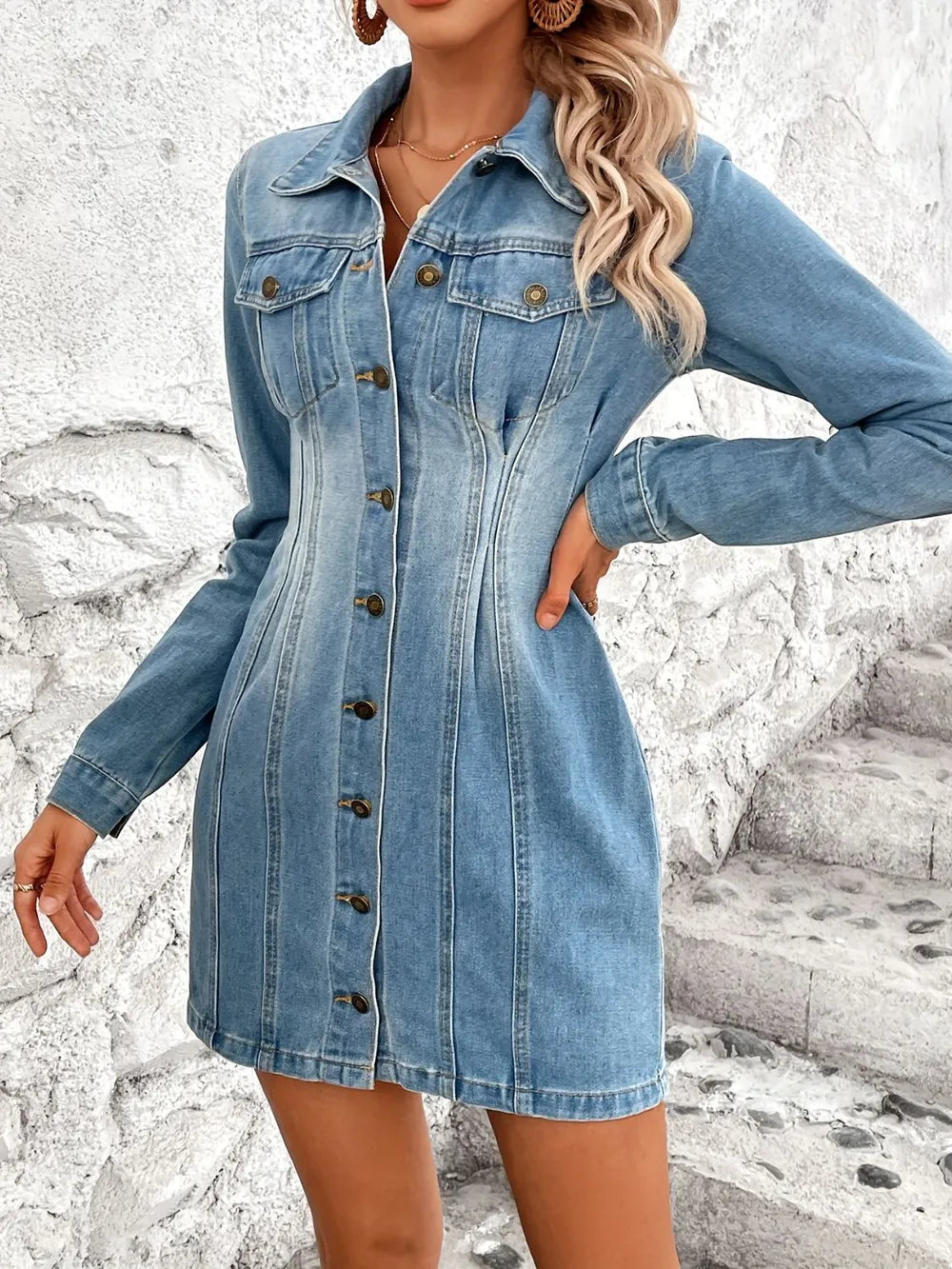 Pocketed Button Up Long Sleeve Denim Dress - V.I.P Digital Presence