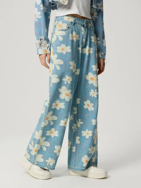 Pocketed Floral Wide Leg Jeans - V.I.P Digital Presence