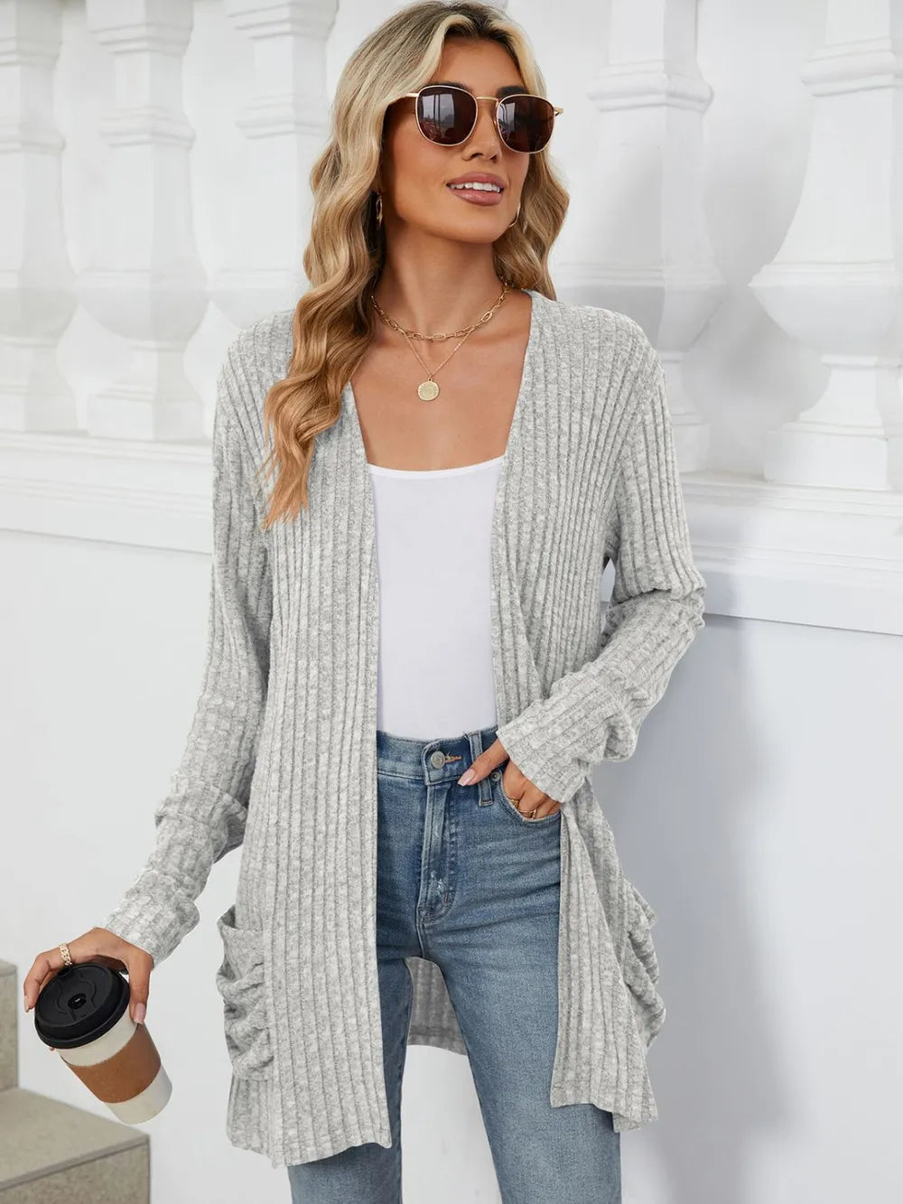 Pocketed Open Front Long Sleeve Cardigan - V.I.P Digital Presence