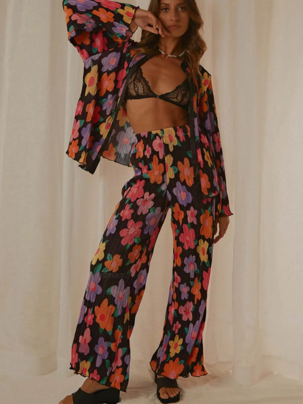 Printed Collared Neck Long Sleeve Top and Pants Lounge Set - V.I.P Digital Presence