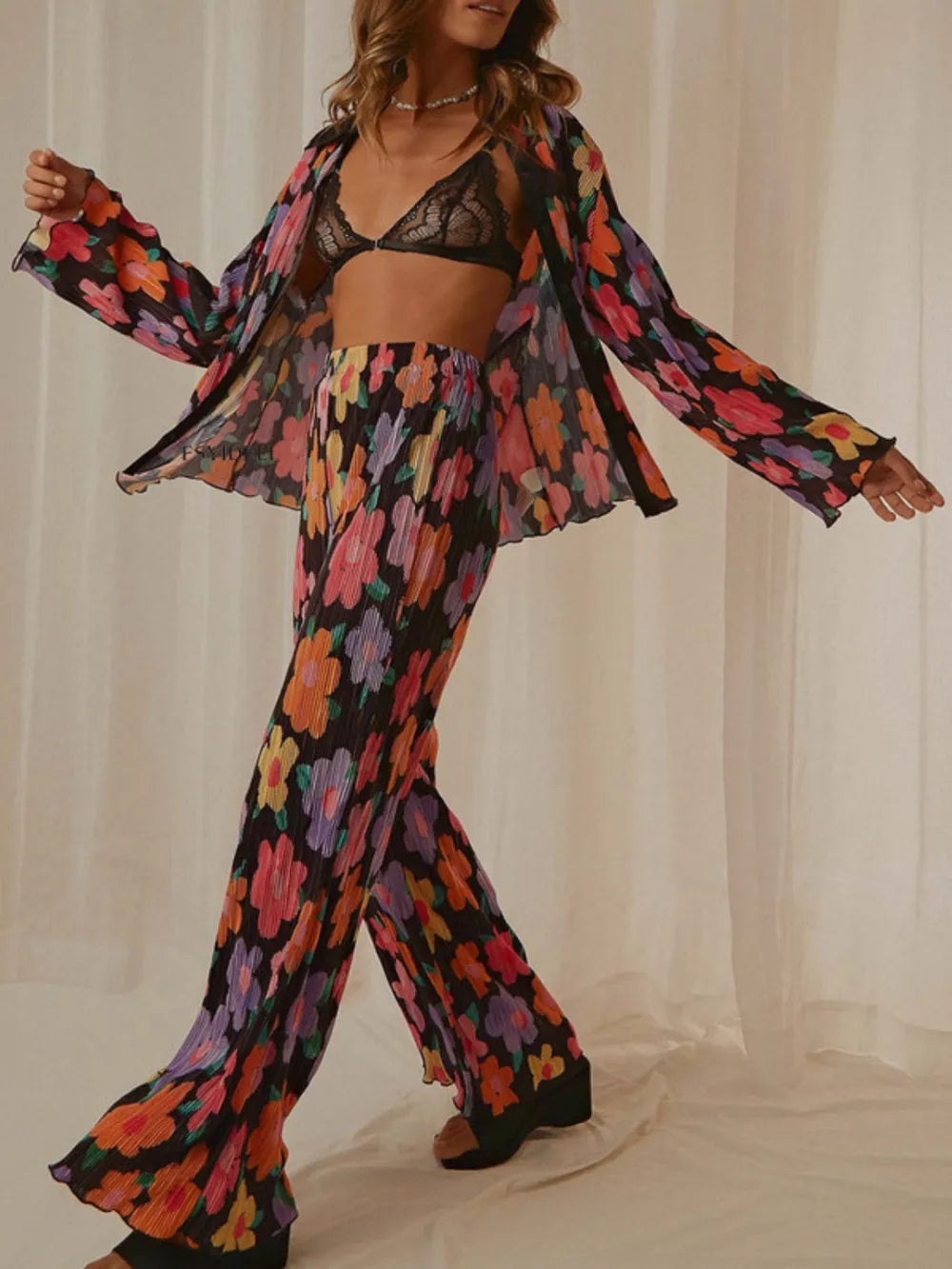 Printed Collared Neck Long Sleeve Top and Pants Lounge Set - V.I.P Digital Presence