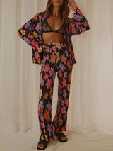 Printed Collared Neck Long Sleeve Top and Pants Lounge Set - V.I.P Digital Presence