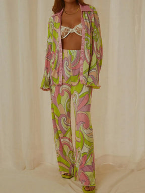 Printed Collared Neck Long Sleeve Top and Pants Lounge Set - V.I.P Digital Presence