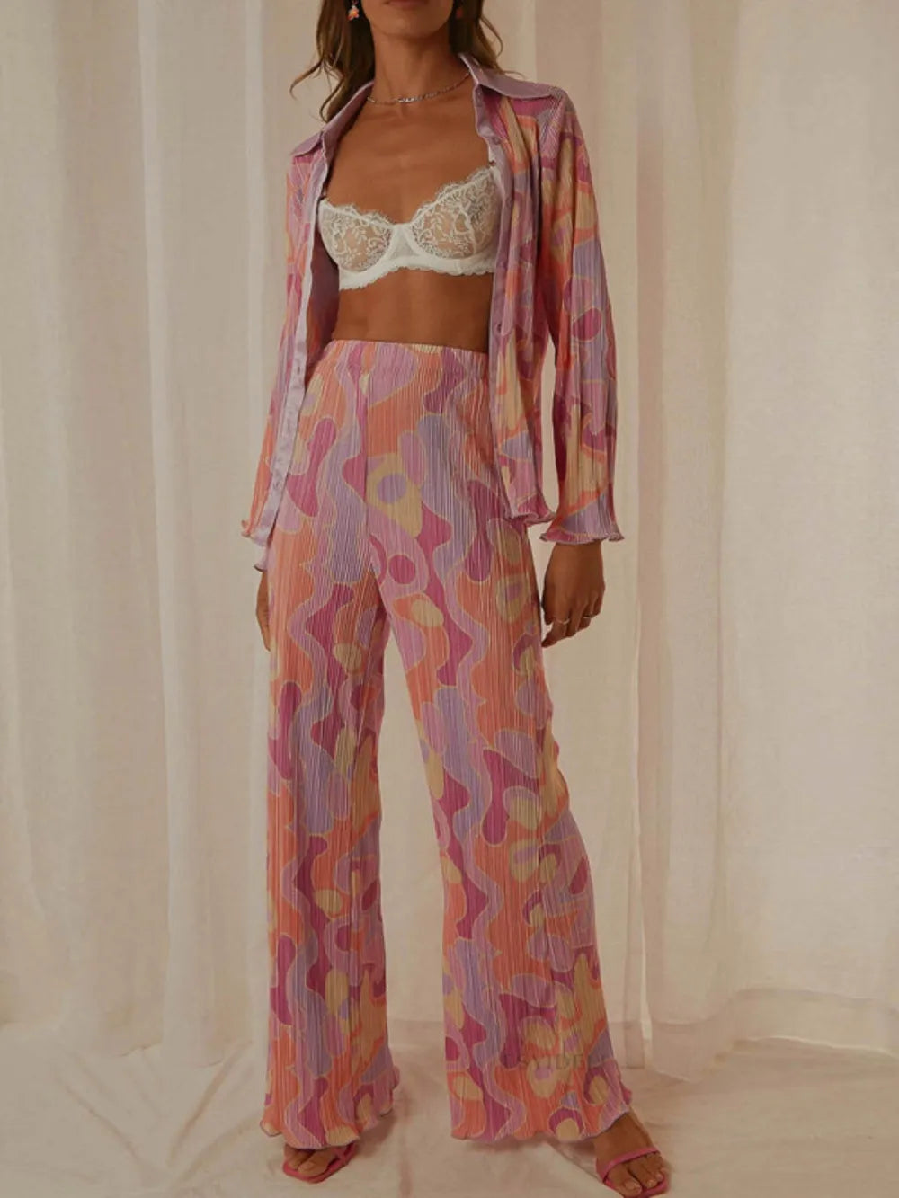 Printed Collared Neck Long Sleeve Top and Pants Lounge Set - V.I.P Digital Presence