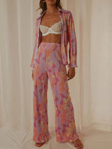 Printed Collared Neck Long Sleeve Top and Pants Lounge Set - V.I.P Digital Presence