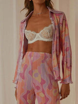 Printed Collared Neck Long Sleeve Top and Pants Lounge Set - V.I.P Digital Presence