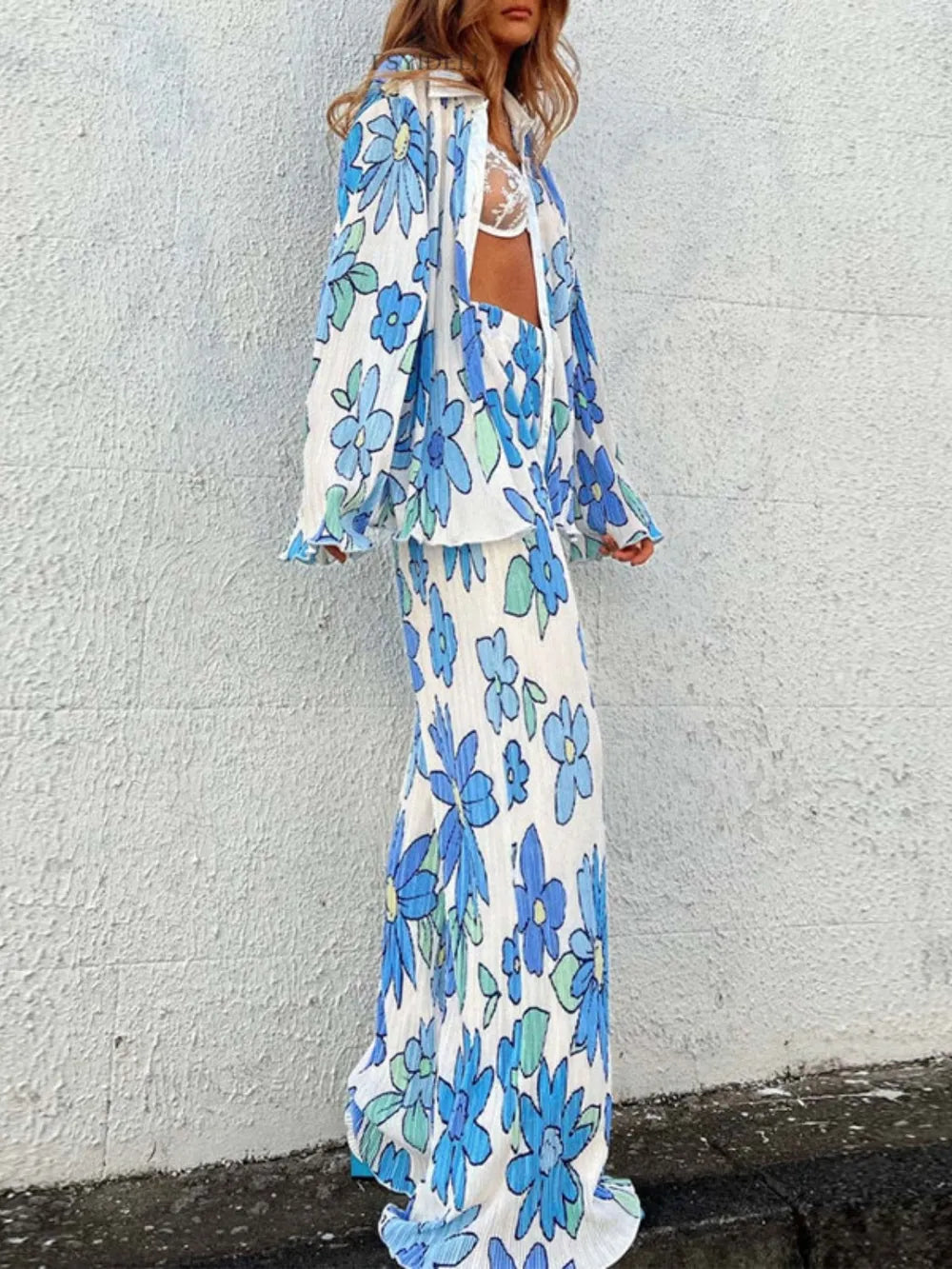 Printed Collared Neck Long Sleeve Top and Pants Lounge Set - V.I.P Digital Presence