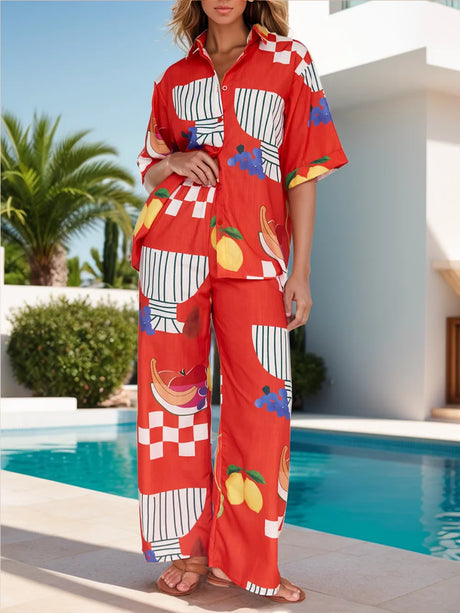 Printed Dropped Shoulder Top and Wide Leg Pants Set - V.I.P Digital Presence