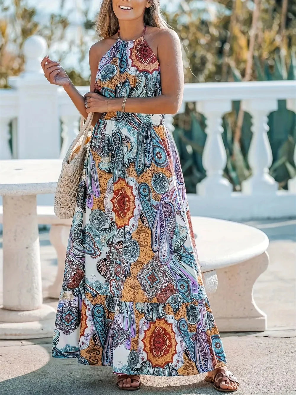 Printed Halter Neck Maxi Dress - V.I.P Digital Presence