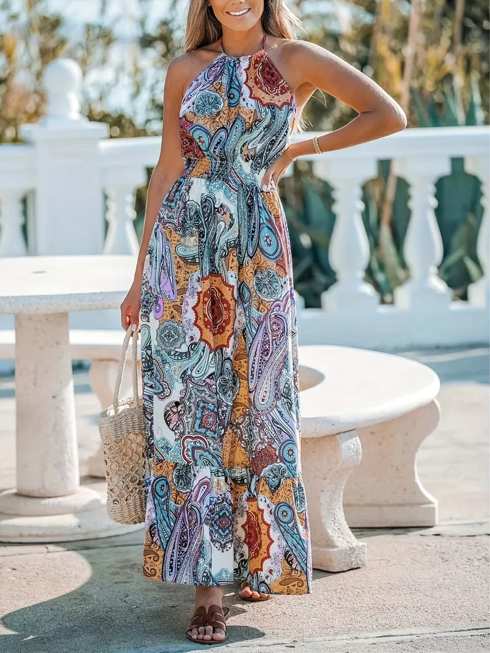 Printed Halter Neck Maxi Dress - V.I.P Digital Presence