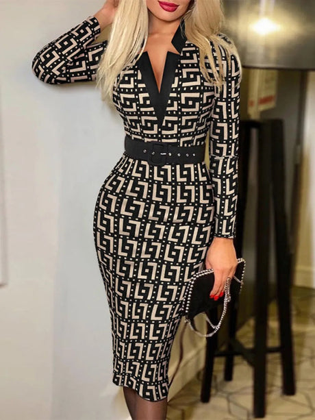Printed Notched Long Sleeve Wrap Dress - V.I.P Digital Presence