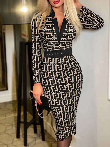 Printed Notched Long Sleeve Wrap Dress - V.I.P Digital Presence