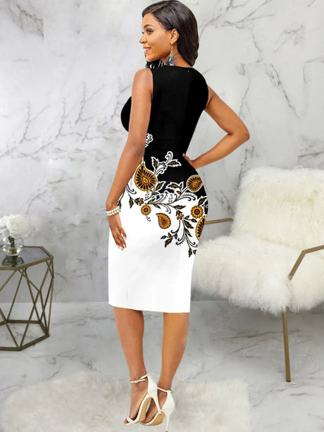 Printed Notched Sleeveless Wrap Dress - V.I.P Digital Presence