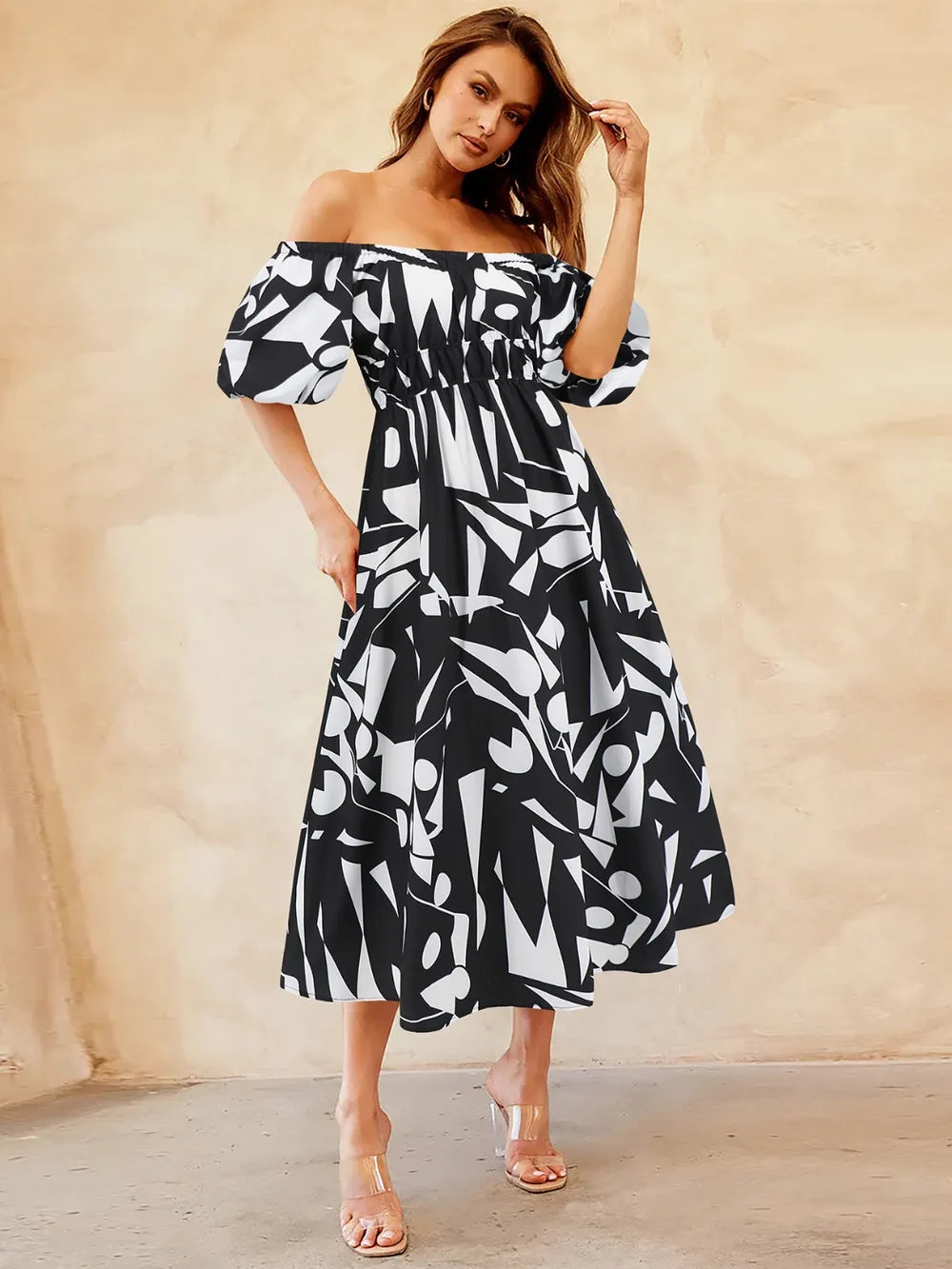 off shoulder balloon sleeve dress Surplice Off Shoulder Midi Dress with Balloon Sleeves
