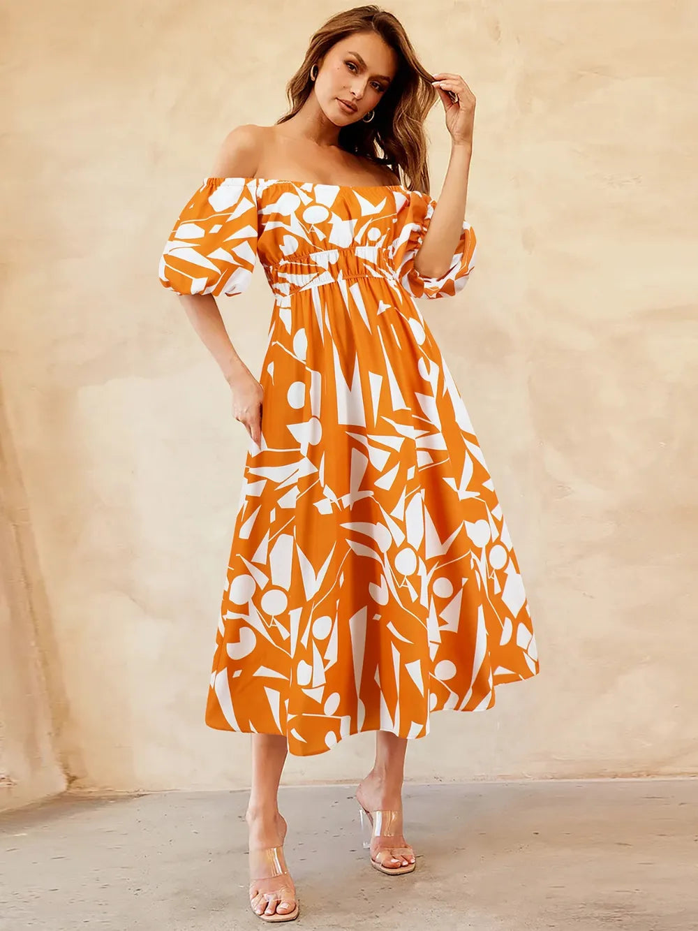 off shoulder balloon sleeve dress Off-Shoulder Balloon Sleeve Midi Dress