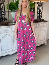 Printed pocket slit V-neck short sleeved long skirt for women - V.I.P Digital Presence