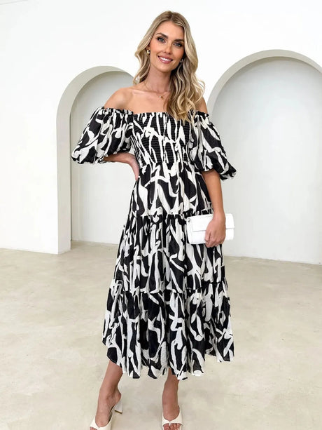 Printed Smocked Off-Shoulder Tiered Dress - V.I.P Digital Presence