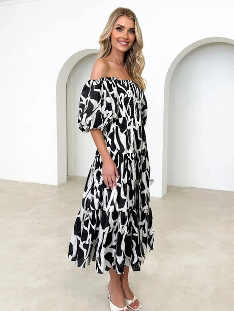 Printed Smocked Off-Shoulder Tiered Dress - V.I.P Digital Presence