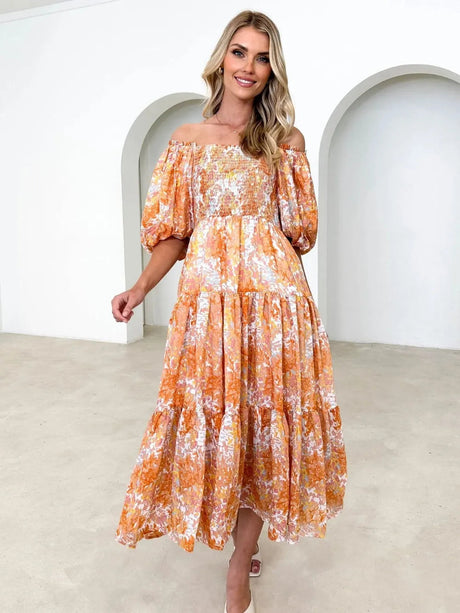 Printed Smocked Off-Shoulder Tiered Dress - V.I.P Digital Presence