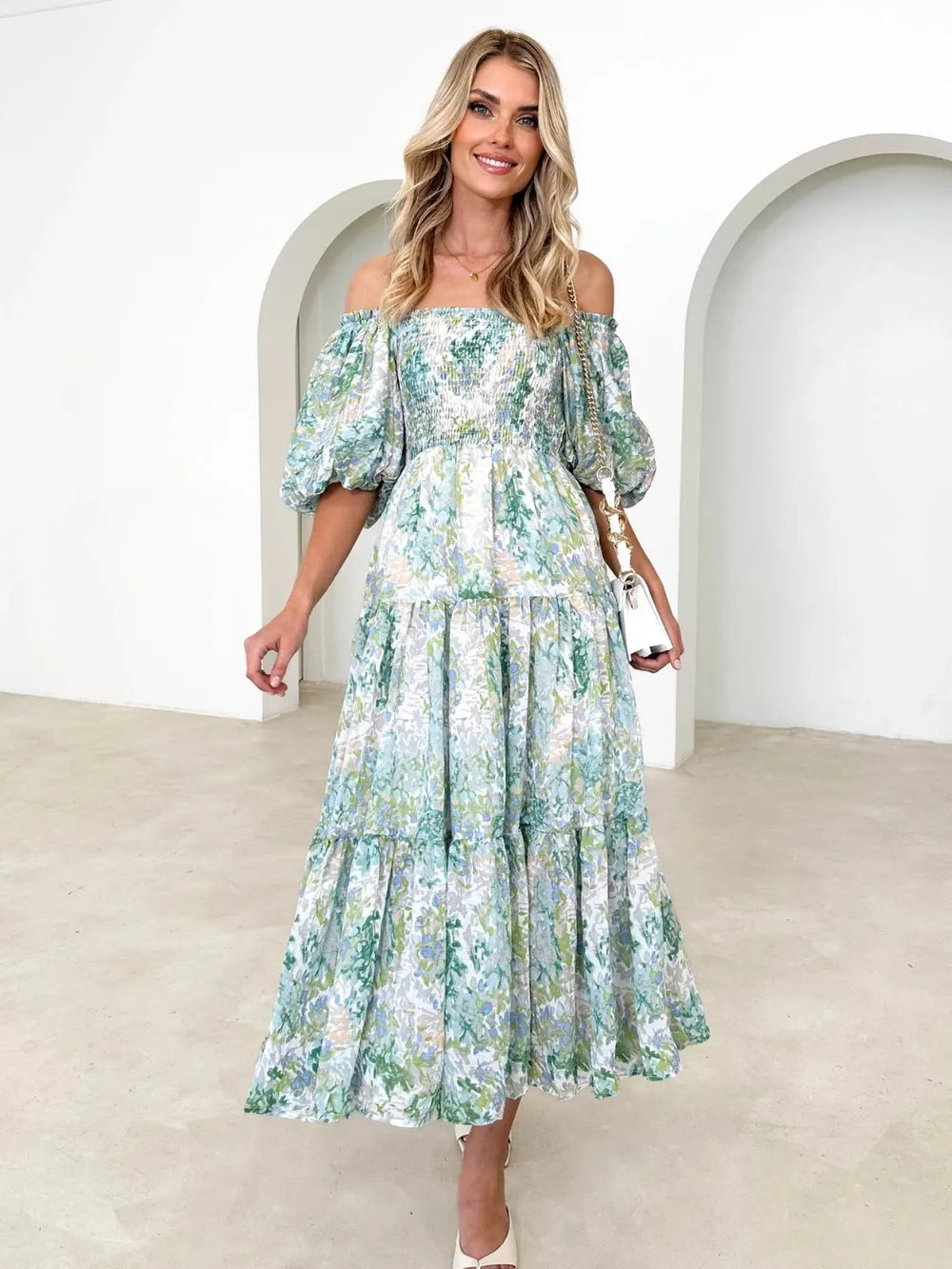 Printed Smocked Off-Shoulder Tiered Dress - V.I.P Digital Presence