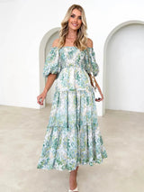 Printed Smocked Off-Shoulder Tiered Dress - V.I.P Digital Presence