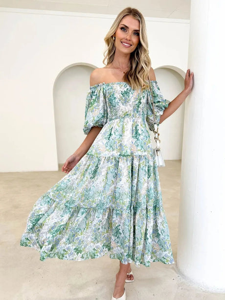 Printed Smocked Off-Shoulder Tiered Dress - V.I.P Digital Presence
