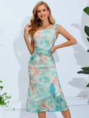 Printed Square Neck Wide Strap Midi Dress - V.I.P Digital Presence