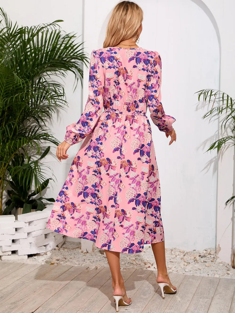 Printed Surplice Long Sleeve Midi Dress - V.I.P Digital Presence