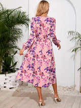 Printed Surplice Long Sleeve Midi Dress - V.I.P Digital Presence