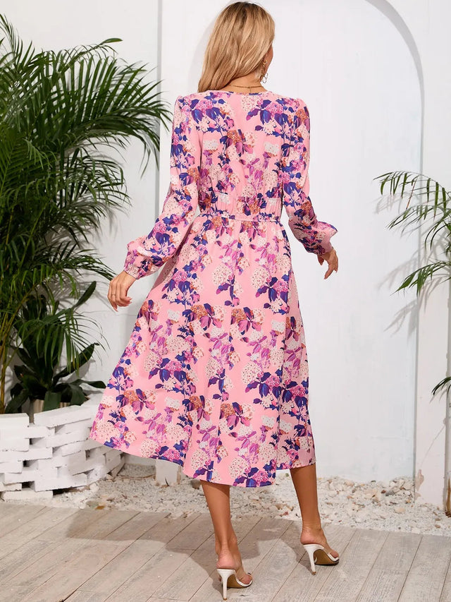 Printed Surplice Long Sleeve Midi Dress - V.I.P Digital Presence