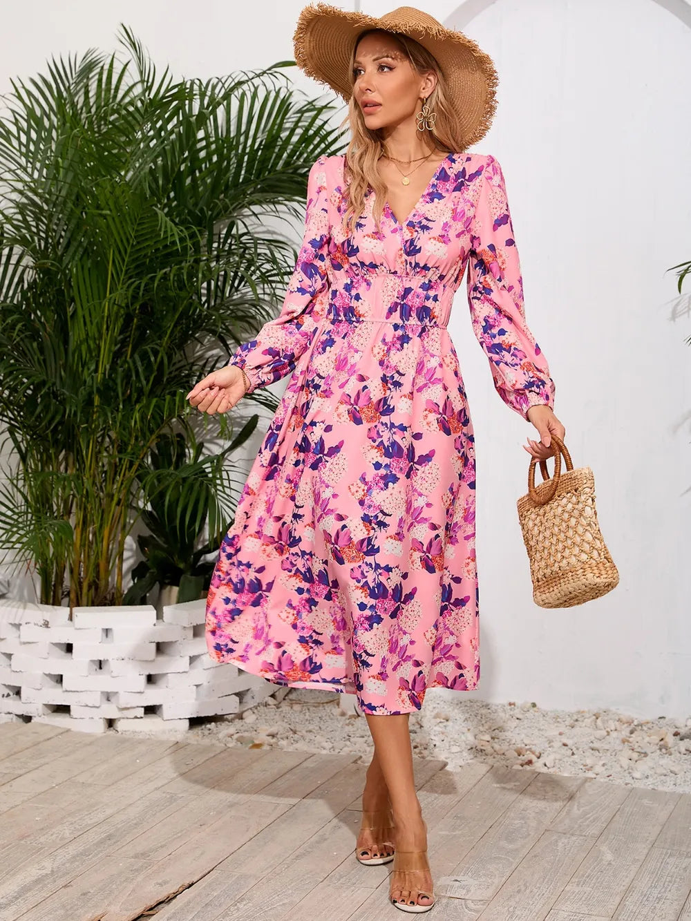 Printed Surplice Long Sleeve Midi Dress - V.I.P Digital Presence