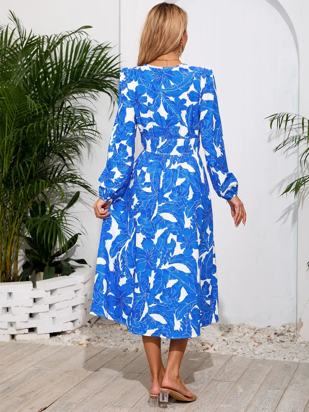 Printed Surplice Long Sleeve Midi Dress - V.I.P Digital Presence