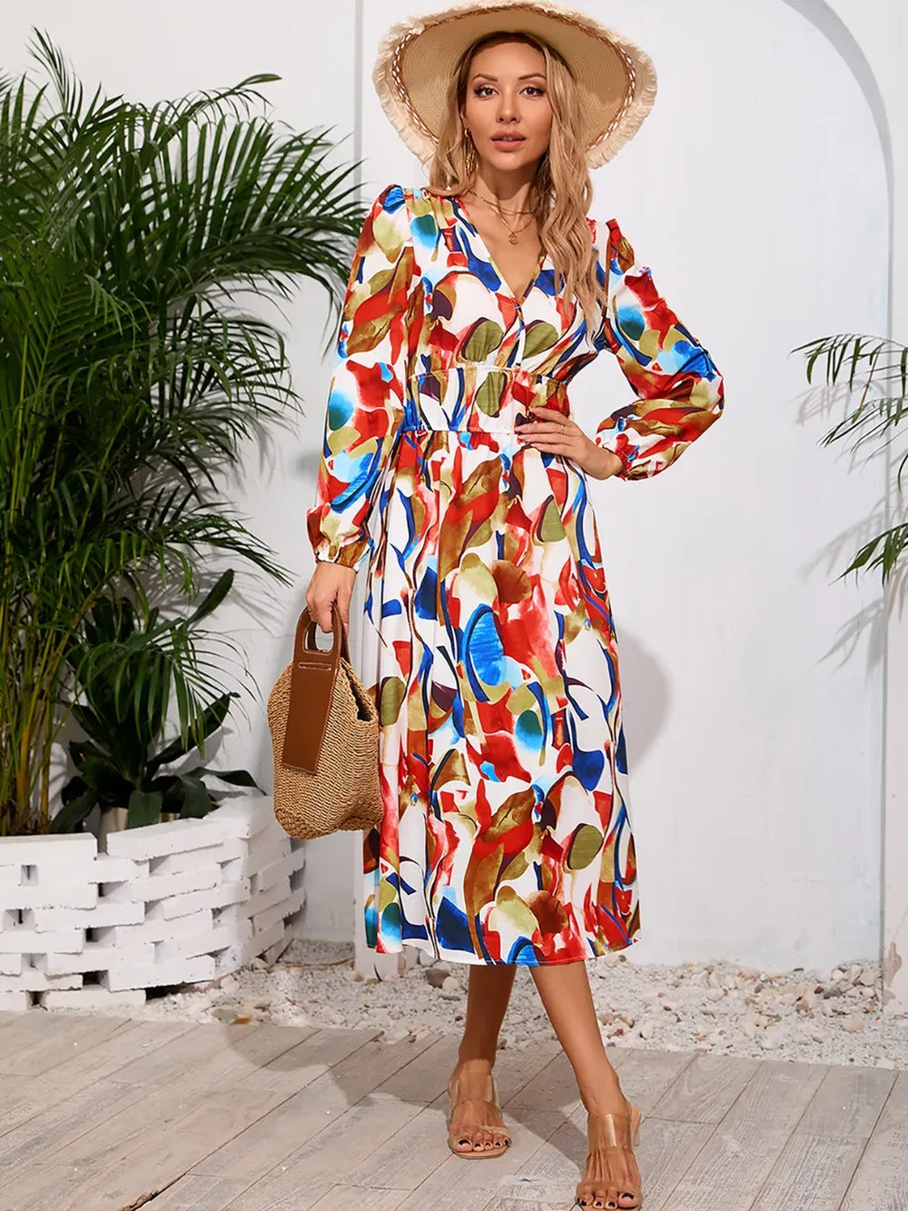 Printed Surplice Long Sleeve Midi Dress - V.I.P Digital Presence