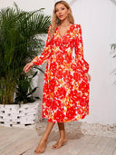 Printed Surplice Long Sleeve Midi Dress - V.I.P Digital Presence
