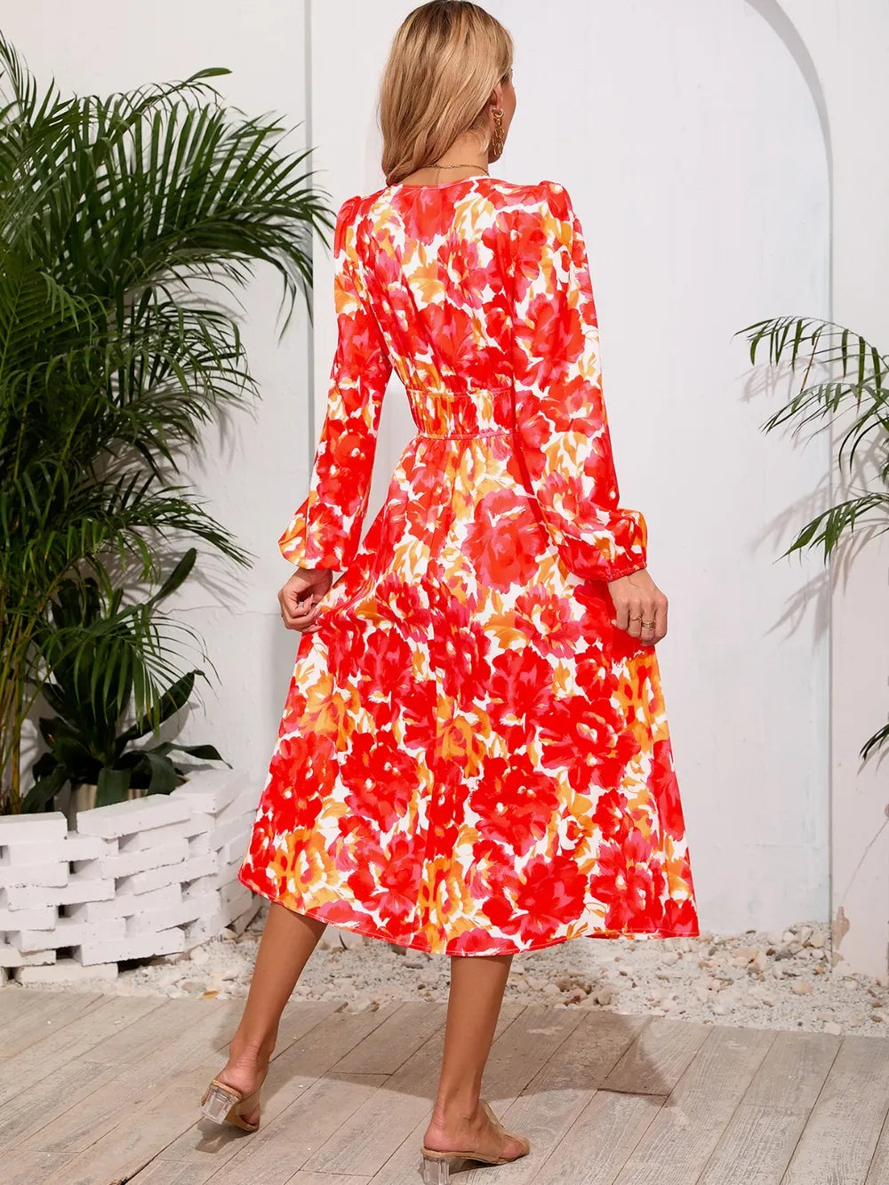 Printed Surplice Long Sleeve Midi Dress - V.I.P Digital Presence