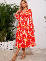 Printed Surplice Long Sleeve Midi Dress - V.I.P Digital Presence
