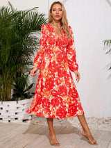 Printed Surplice Long Sleeve Midi Dress - V.I.P Digital Presence