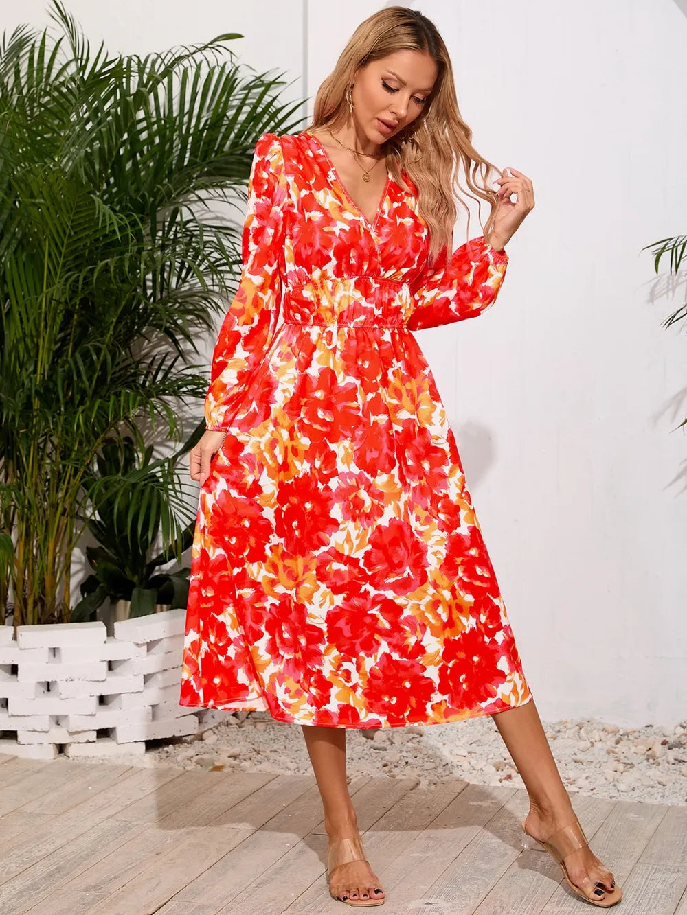 Printed Surplice Long Sleeve Midi Dress - V.I.P Digital Presence