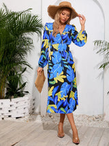 Printed Surplice Long Sleeve Midi Dress - V.I.P Digital Presence