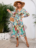 Printed Surplice Long Sleeve Midi Dress - V.I.P Digital Presence