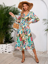 Printed Surplice Long Sleeve Midi Dress - V.I.P Digital Presence