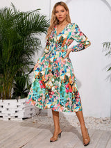Printed Surplice Long Sleeve Midi Dress - V.I.P Digital Presence