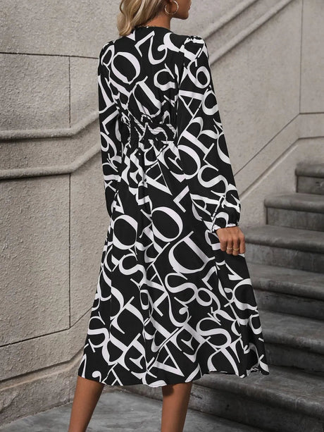 Printed V-Neck Long Sleeve Midi Dress - V.I.P Digital Presence