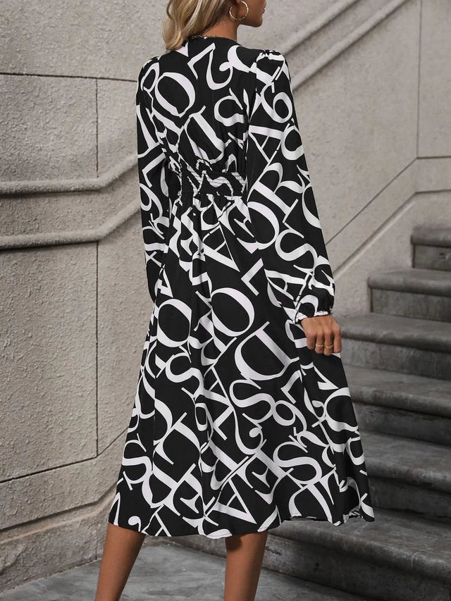 Printed V-Neck Long Sleeve Midi Dress - V.I.P Digital Presence