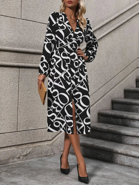 Printed V-Neck Long Sleeve Midi Dress - V.I.P Digital Presence