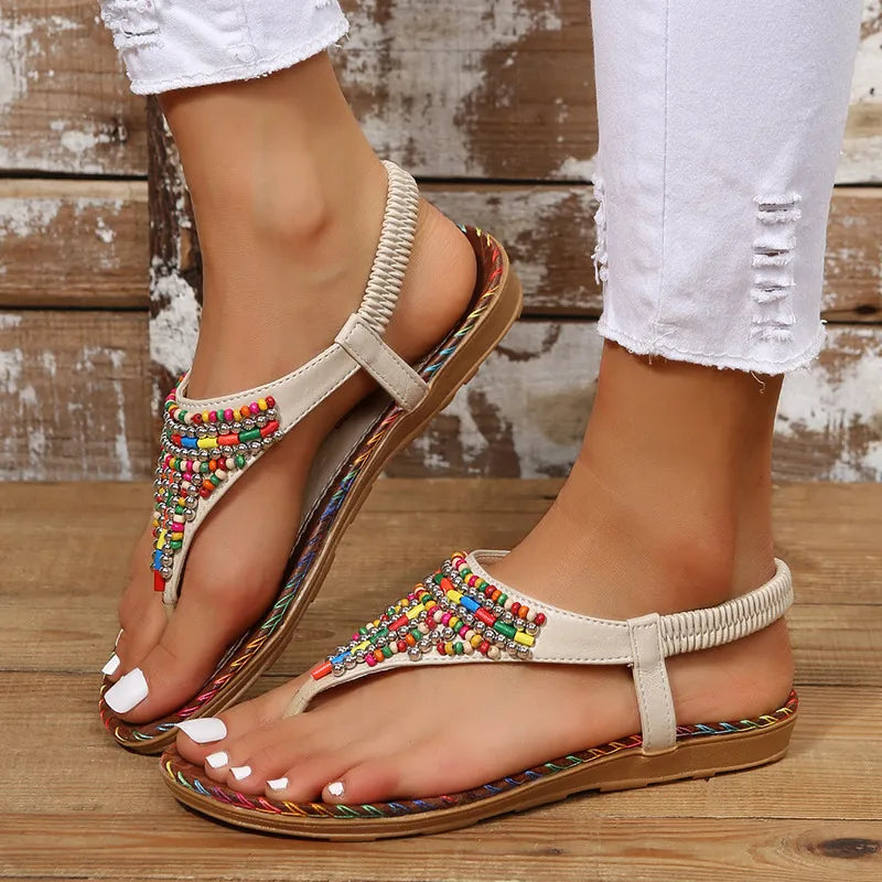 PU Leather Beaded Flat Sandals - V.I.P Digital Presence